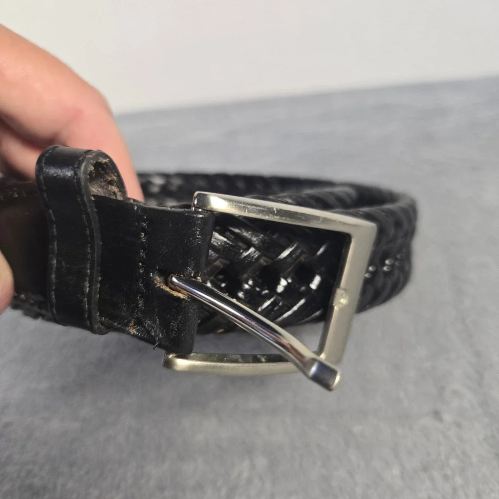 PCH Mens Braided Woven Belt Black Leather Tab Silver Buckle 48/120 17BK0402